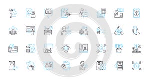 Financial offerings linear icons set. Investments, Banking, Insurance, Loans, Creditcards, Mortgages, Savings line