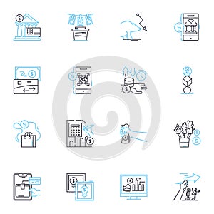 Financial offerings linear icons set. Investments, Banking, Insurance, Loans, Creditcards, Mortgages, Savings line