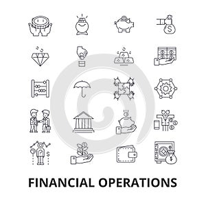 Financial operations, finance, planning, services, money, accounting, investment line icons. Editable strokes. Flat