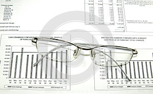 Financial paper, graphs, spectacles.