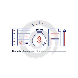 Financial and pension planning, money fund, business project line icons set