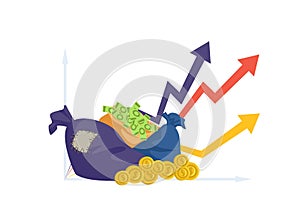 Financial performance. Money bag, coins and cash. Business success, investments profit vector illustration