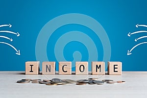 Financial personal wealth concept with the words income printed on wooden blocks next to coin currency photo