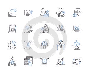 financial plan and control outline icons collection. Financial, planning, control, budgeting, investment, saving, cash