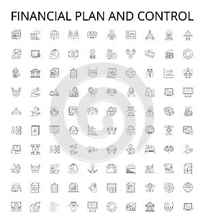 financial plan and control outline icons collection. Financial, planning, control, budgeting, investment, saving, cash