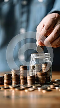 Financial planning, businessman calculates coins, glass jar, investment concept