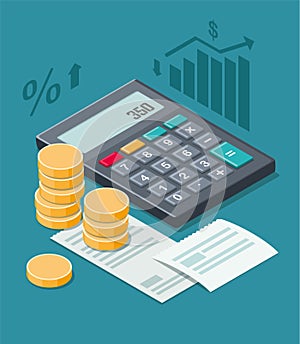 Financial planning with coins, calculator and cash receipt isolated on a blue background.  Isometric illustration