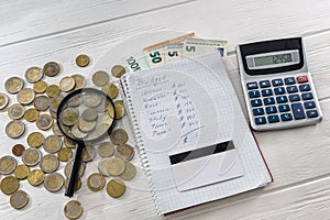 Financial planning with euro banknotes, notepad and calculator