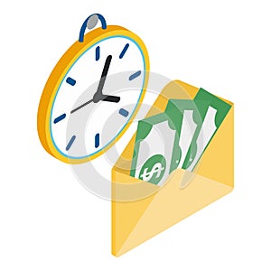 Financial planning icon isometric vector. Wall clock and dollar bill in envelope