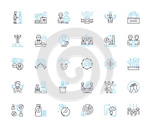 Financial planning linear icons set. Budgeting, Investing, Retirement, Savings, Debt, Taxes, Estate line vector and