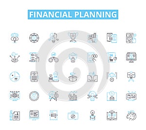 financial planning linear icons set. Budgeting, Investing, Retirement, Savings, Goals, Insurance, Debt line vector and
