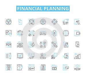 financial planning linear icons set. Budgeting, Investing, Retirement, Savings, Goals, Insurance, Debt line vector and