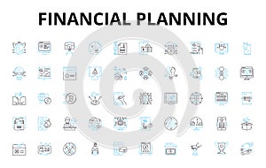 financial planning linear icons set. Budgeting, Investing, Retirement, Savings, Goals, Insurance, Debt vector symbols