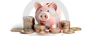 Financial planning wealth with piggy bank and coins highlighting economic stability and savings, Ai generative