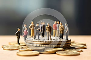 Financial power play, Miniature businessmen figurines on coins