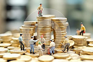 Financial power play, Miniature businessmen figurines on coins