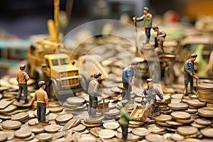 Financial power play, Miniature businessmen figurines on coins