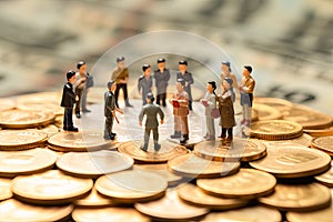 Financial power play, Miniature businessmen figurines on coins