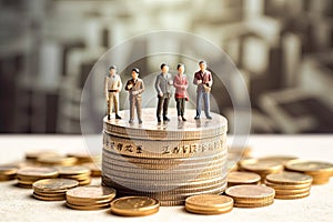 Financial power play, Miniature businessmen figurines on coins