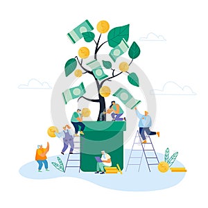 Financial Profit and Investment Concept. Business People Watering Plant in Pot, Collecting Golden Coins and Banknotes