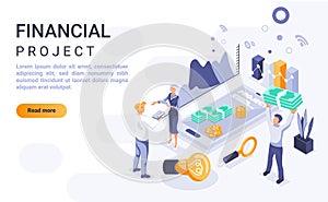 Financial project landing page vector template with isometric illustration. Company budget management homepage interface layout