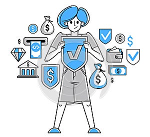 Financial protection and security vector outline illustration, bank worker is doing his job on financial safety, insurance and