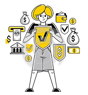 Financial protection and security vector outline illustration, bank worker is doing his job on financial safety, insurance and