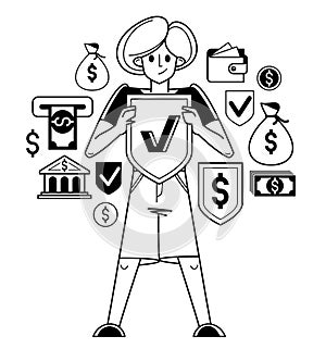 Financial protection and security vector outline illustration, bank worker is doing his job on financial safety, insurance and