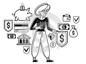 Financial protection and security vector outline illustration, bank worker woman is doing his job on financial safety, insurance