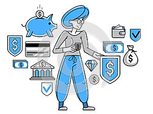 Financial protection and security vector outline illustration, bank worker woman is doing his job on financial safety, insurance