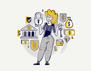 Financial protection and security vector outline illustration, bank worker woman is doing his job on financial safety, insurance