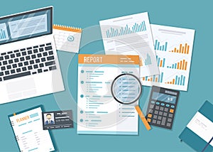 Financial report business report with paper documents, forms. Accounting, inspection, research, planning, analysis, audit, calcula