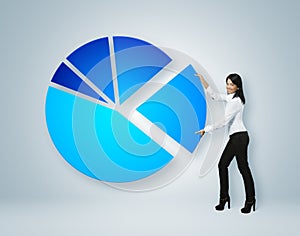 Financial report & statistics. Girl put sector of pie chart.