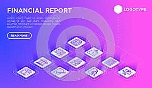 Financial report web page template with thin line isometric icons: bank, financial analytics, calculate, signature, email,