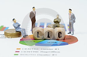 On financial reports with diagrams, figures of businessmen and wooden cubes with the inscription - LLC