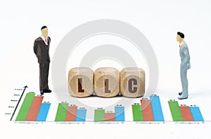 On financial reports with graphs, a figure of businessmen and wooden cubes with the inscription - LLC