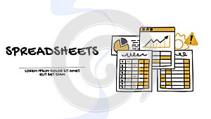 Financial reports and spreadsheets concept, business illustration