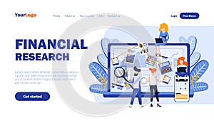 Financial research flat landing page template with header. Data analysis web banner, homepage design. Analytics and statistics