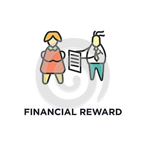 financial reward icon. income on account concept symbol design, statement from the bank, salary, profit, cute cartoon man showing
