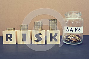 Financial risk assessment, risk reward and portfolio risk management concept. Four wooden cubes with the letters R, I, S, K on the photo