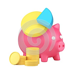 Financial savings budget analyzing piggy bank with coin cash money 3d icon realistic vector