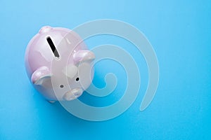 Financial, savings, budget, cost or investment concept, white happy piggy bank on clean blue background with copy space
