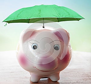 financial security concept, pink piggy bank is protected by a umbrella.