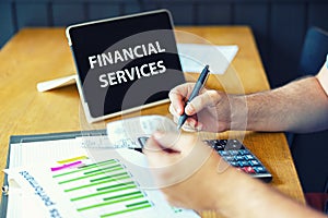 Financial services with businessman inspector calculating bills or checking balance, Business adviser analyzing financial results