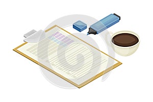 Financial Statement and Business Report Preparation with Clipboard and Highlighter as Accounting and Summary Isometric