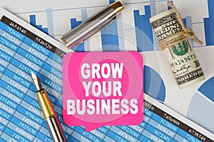 Among the financial statements and charts is a note with the text - GROW YOUR BUSINESS