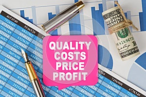Among the financial statements and charts is a note with the text - QUALITY COSTS PRICE PROFIT