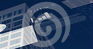 Financial and statistical data processing over tall building against blue background