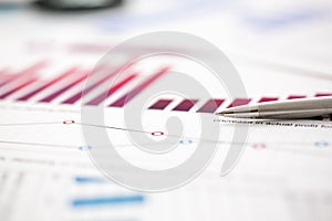 Financial statistics documents ball pen infographics at office table