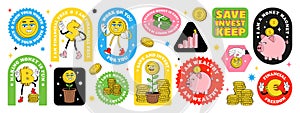 Financial sticker pack with funny cartoon abstract characters, inspirational quotes about money, finance, investment.